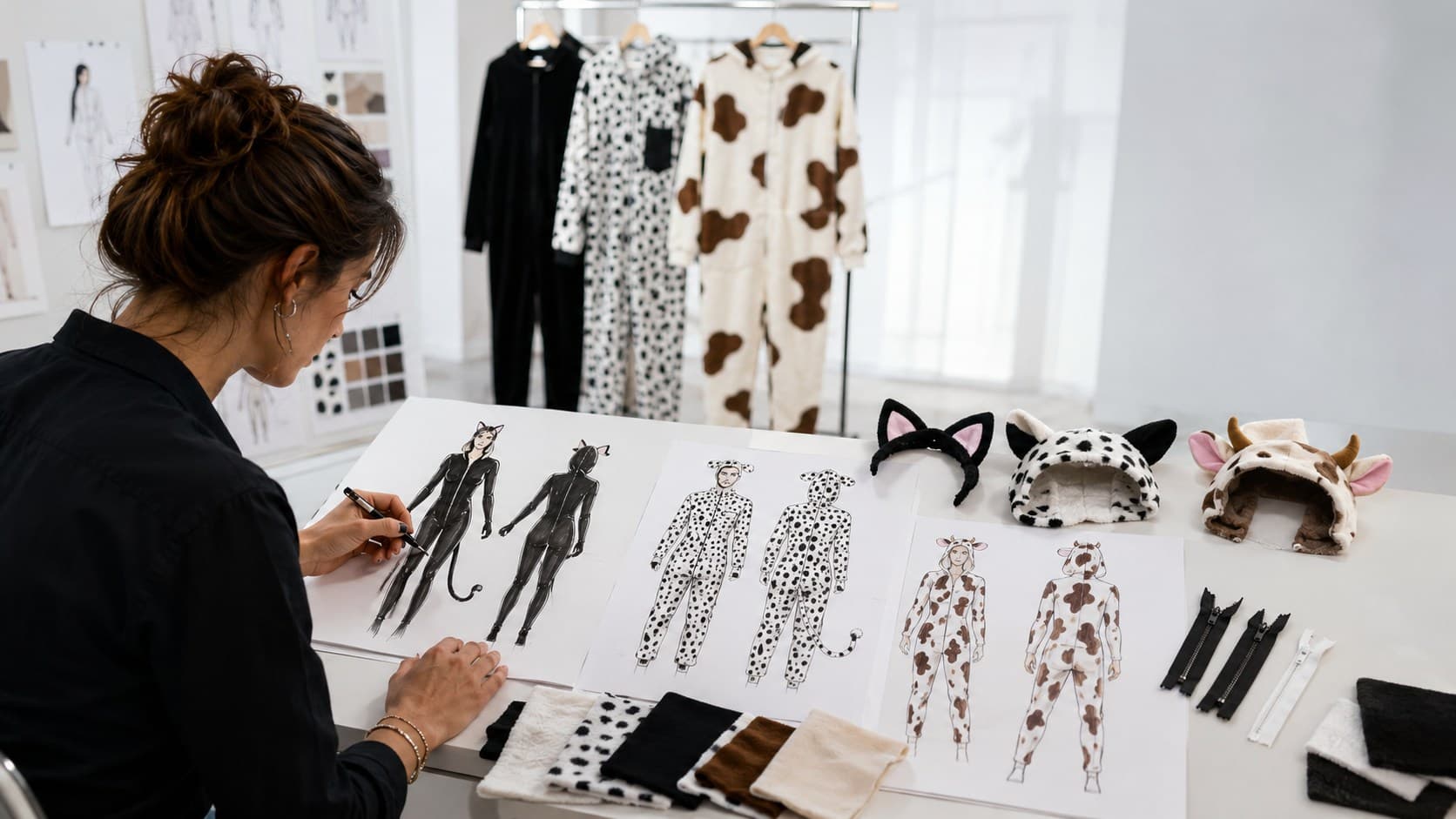 Designer sketching animal-inspired costume directions beside trims and fabric swatches