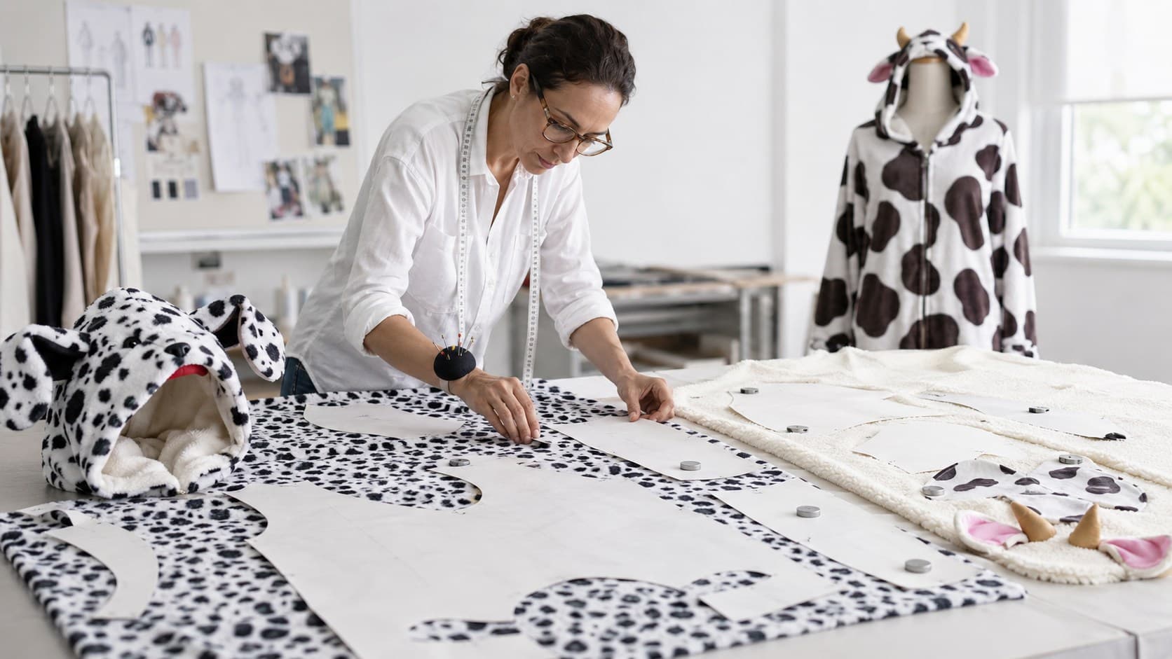 Pattern pieces arranged over spotted plush fabric in a costume engineering visual