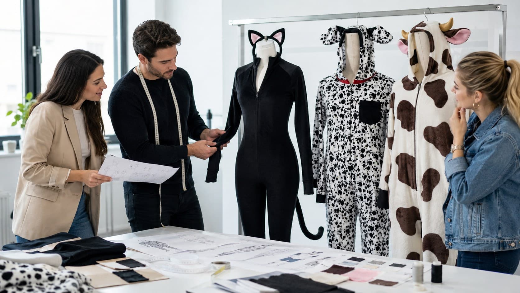 Costume range being reviewed beside sketches and material swatches in a development process visual