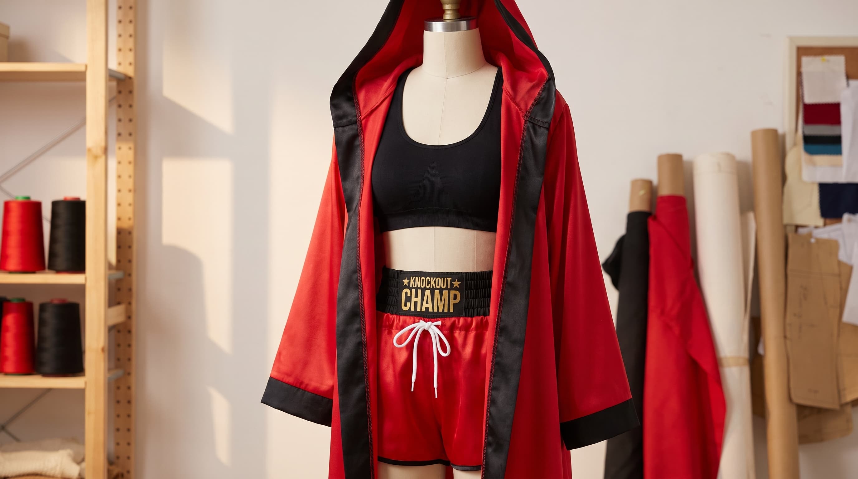 Red and black boxing-inspired costume displayed on a dress form in a development studio