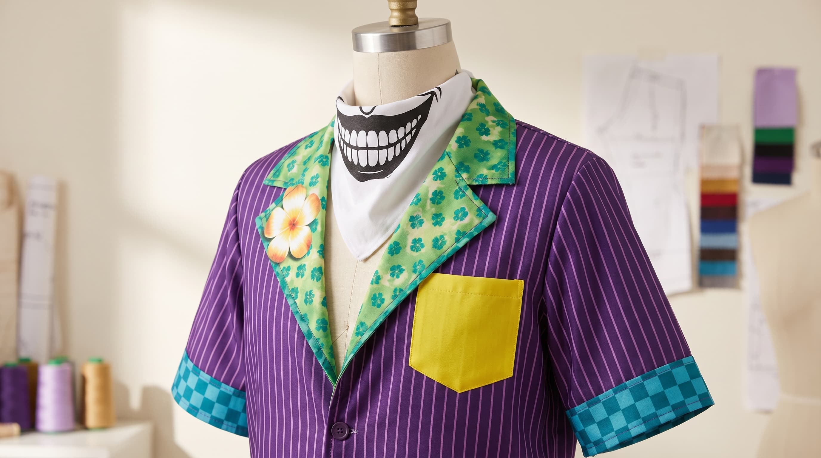 Purple striped character costume displayed on a dress form with construction references behind it