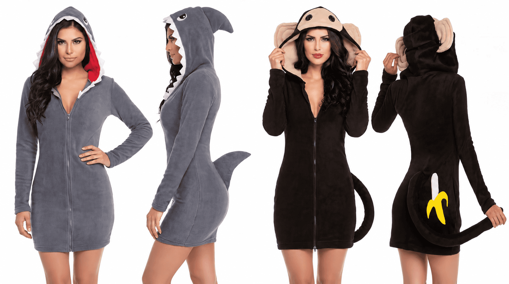 Soft shark and monkey character costumes shown from front, side and back