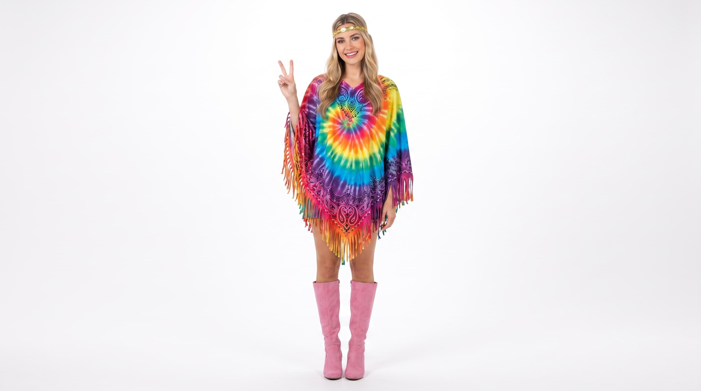 Colorful tie-dye fringed costume poncho presented as a seasonal direction